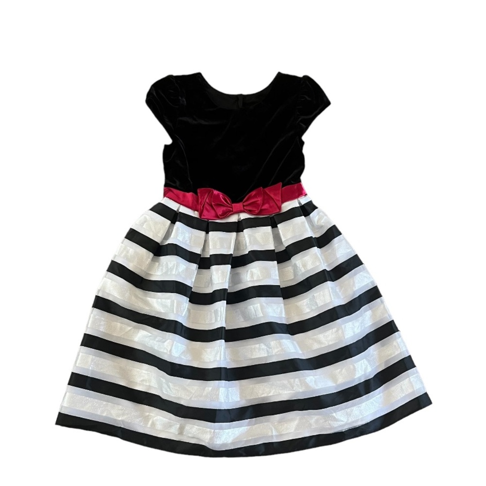 Girls Black and White Party Dress with Bow Velvet Holiday Dress